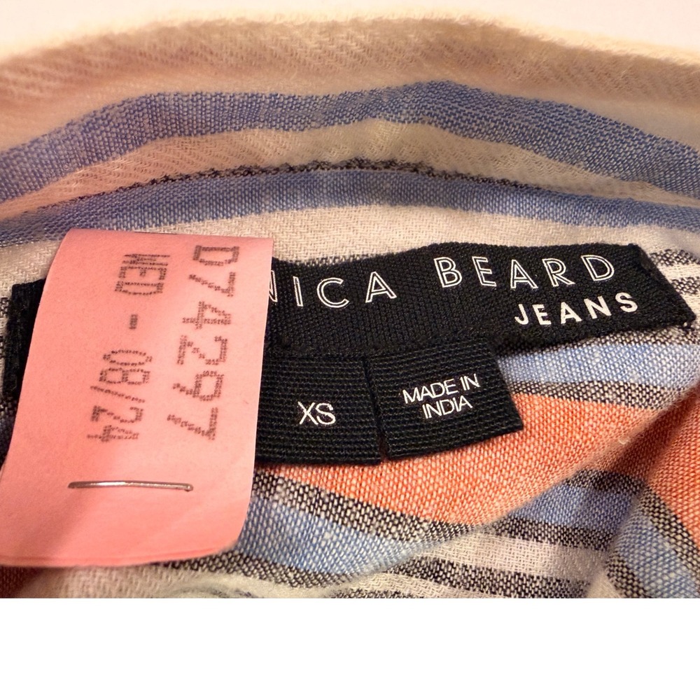 Veronica Beard Jeans Orange Blue Striped Linen Blend Band Collar Shirt XS - Picture 7 of 7